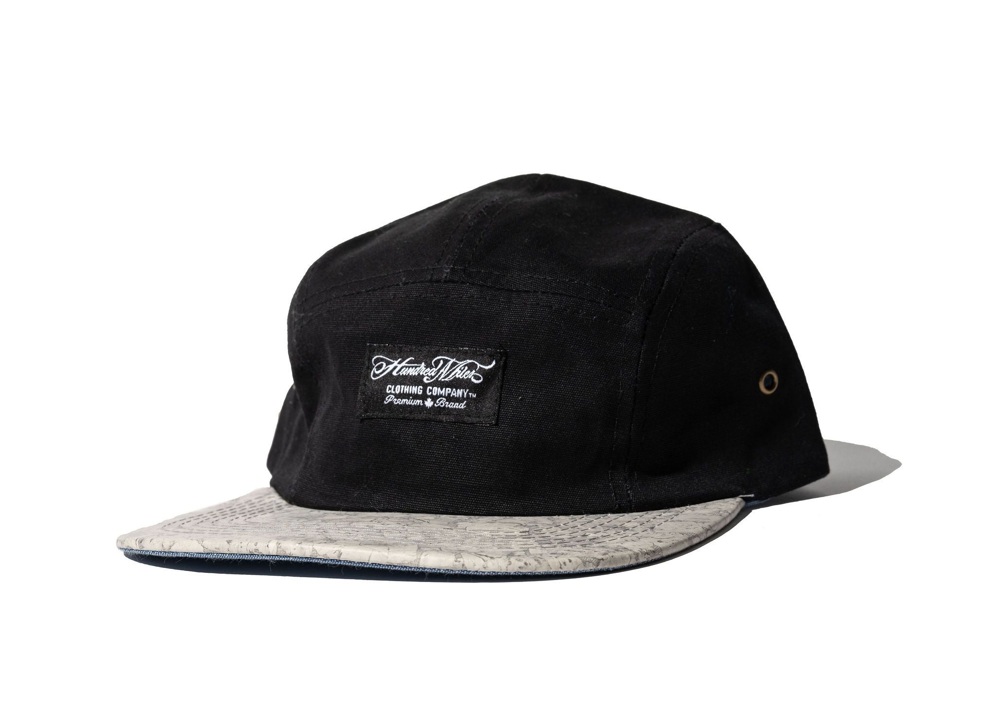 100 Miles Black with Grey Leather 5 panel Strapback