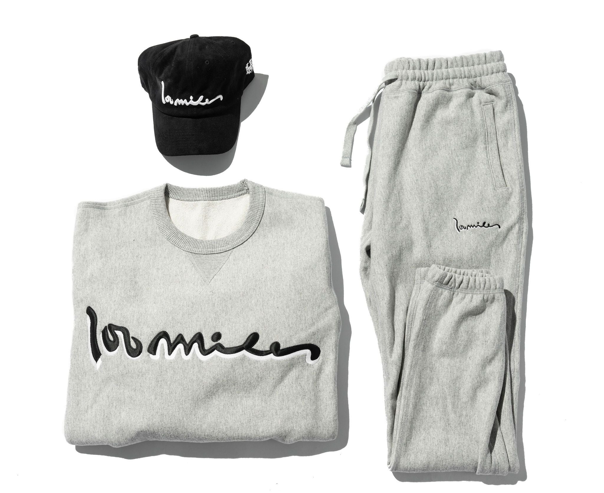 100 Miles Grey Mix Signature French Terry Crewneck and Joggers with black Signature Dad Hat